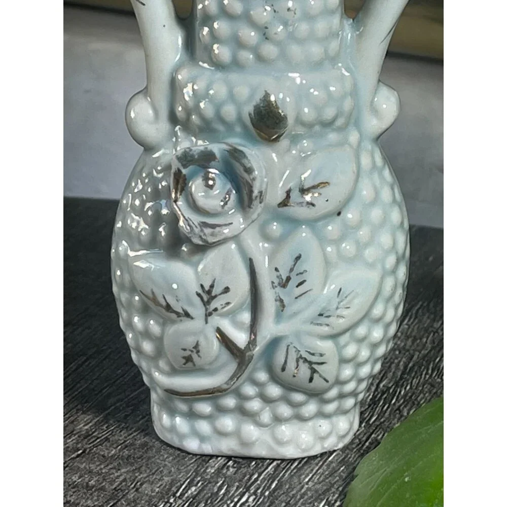 Vtg Yoko Boeki Japan Blue Lusterware Bud Vase - Applied Rose Hobnail Clover Mark